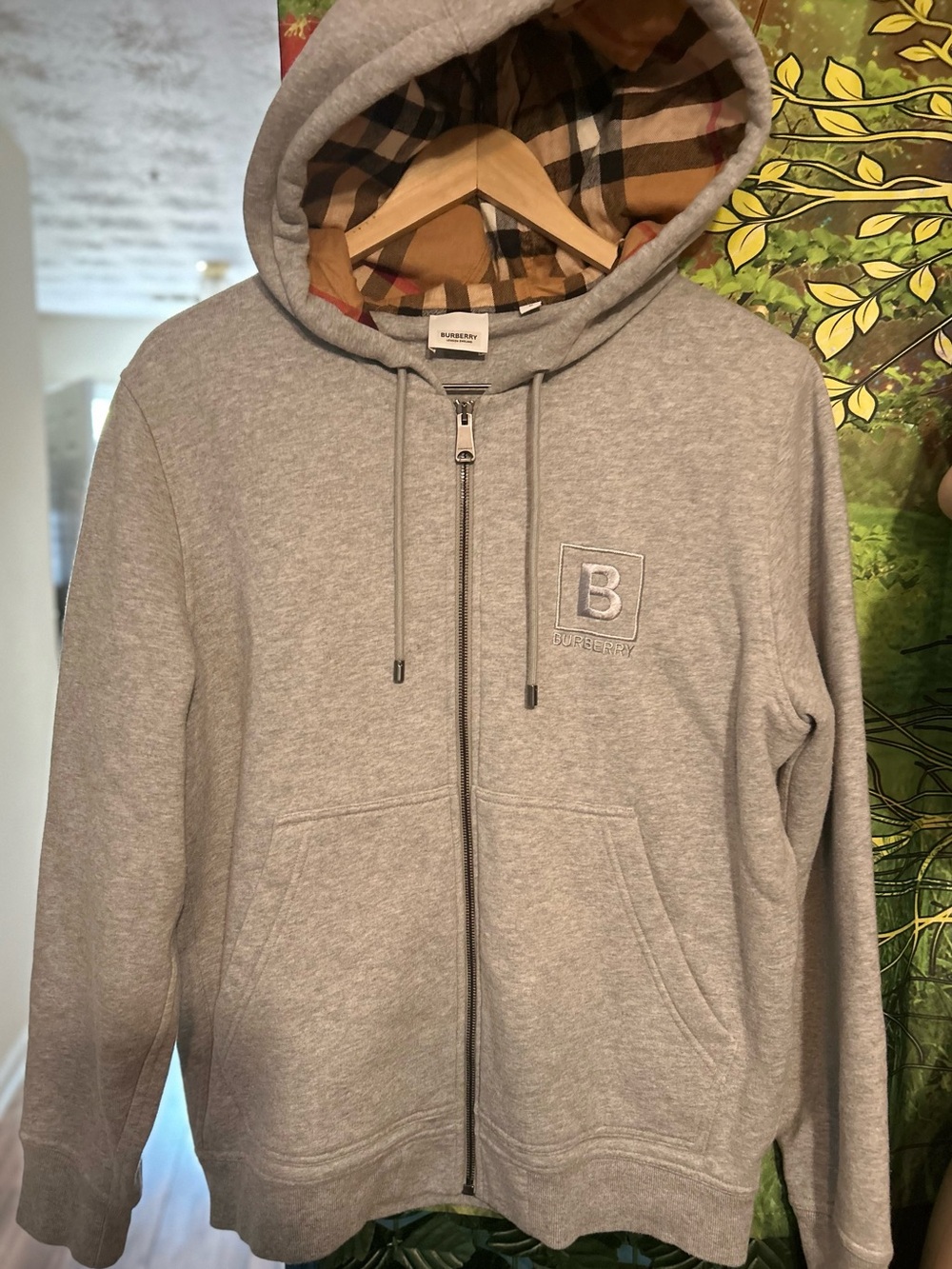 Burberry Light Gray Men's Zip-Up Hoodie with Signature Check Hood Lining